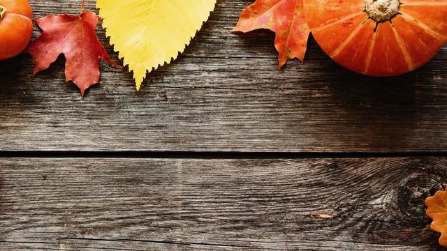 Autumn background with maple leaves pumpkins oak leaves on rustic wooden table with copy space