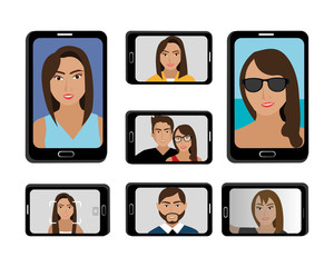 bundle of smartphone with selfies vector illustration design