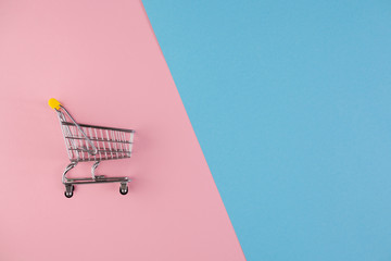 Shopaholic. Buyer. Shopping concept. Close-up. An isolated trolley and shopping basket on a pink...