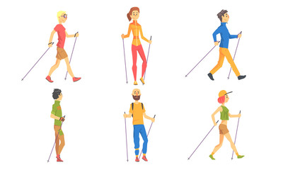 Fototapeta na wymiar Nordic Walking Set, People Outdoor Activity, Healthy Lifestyle, Sport Activities Vector Illustration