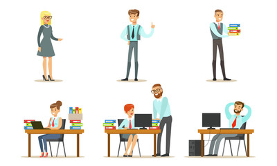 People Working in the Office Set, Male and Female Business Characters or Office Workers Sitting at Desks with Computers and Standing Vector Illustration