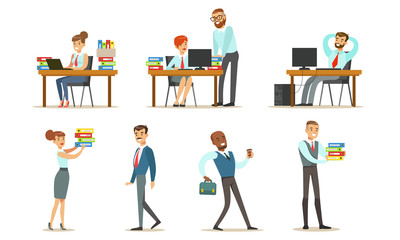 People Working in the Office Set, Male and Female Business Characters or Employee Sitting at Desks with Computers and Standing, Office Work Occupation Elements Vector Illustration