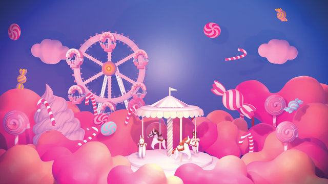 Cartoon amusement park and candy land. 3d rendering picture.