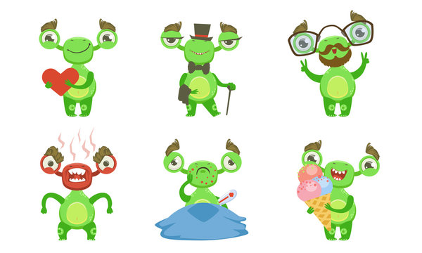 Funny Little Monster with Various Emotions Set, Green Mutant Cartoon Character in Different Situations Vector Illustration