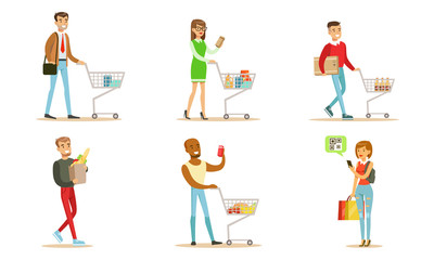 Fototapeta na wymiar People Carrying Shopping Bags and Pushing Carts with Purchases Set, Men and Women Buying Groceries Taking Part in Seasonal Sale at Store Vector Illustration