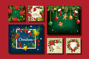 set of merry christmas poster with decoration vector illustration design
