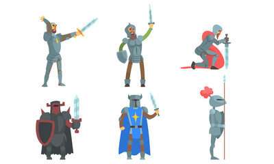 Medieval Knights with Swords Set, Ancient Warriors Historical Characters in Armour Vector Illustration
