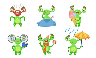 Funny Little Monster with Various Emotions Set, Cute Green Mutant Cartoon Character in Different Situations Vector Illustration