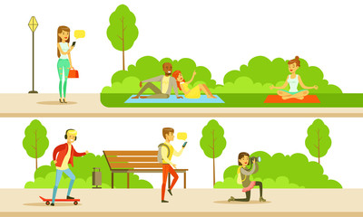 People Relaxing and Doing Sports in the Public Park, Men and Women Doing Yoga, Having Picnic, Skateboarding, Photographing Vector Illustration