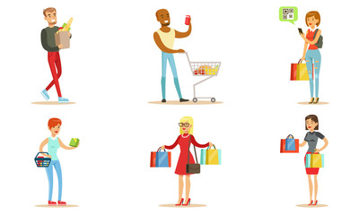 People Carrying Shopping Bags with Purchases Set, Young Men and Women Buying Groceries and Taking Part in Seasonal Sale at Store Vector Illustration