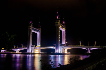 Kuala Terengganu iconic drawbridge light up at night.