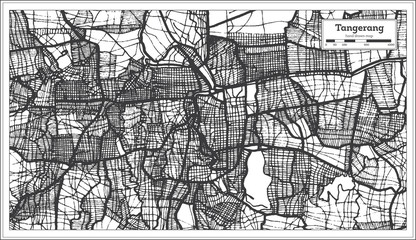 Tangerang Indonesia City Map in Black and White Color. Outline Map.