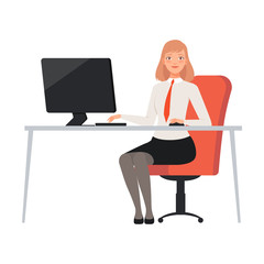 Businesswoman Sitting At The Table And Working character Illustration Vector