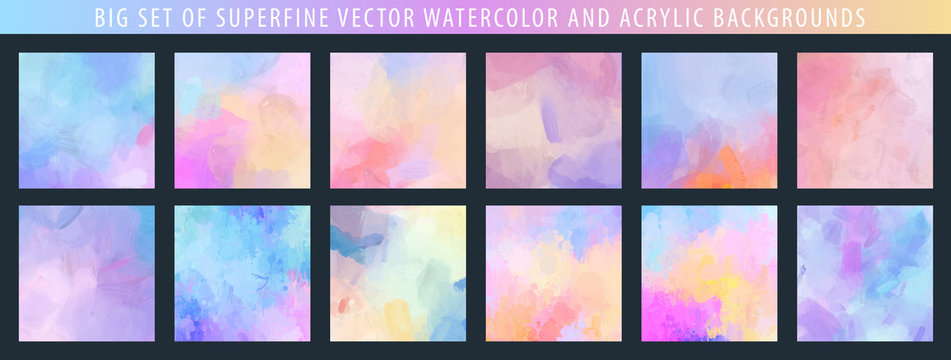 Big set of light pale vector colorful watercolor and acrylic backgrounds for poster, brochure or flyer