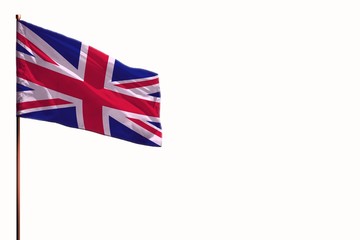 Fototapeta premium Fluttering United Kingdom (UK) isolated flag on white background, mockup with the space for your content.