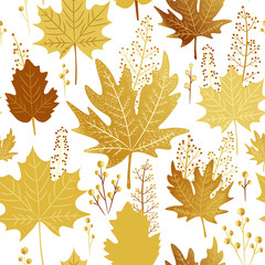 Seamless pattern with Golden maple leaves on white background. Hand drawn autumn leaf silhouettes. Perefct template for wrapping paper, fabrics, posters, fashion prints. Modern vintage design. Vector.