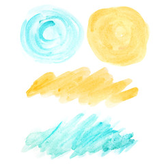 Abstract Art watercolor brush blue and yellow circle shape elements set paint stain isolated on white background. Spot of painted watercolor hand drawing.