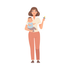 Mother holds baby and pacifier for one character Illustration Vector
