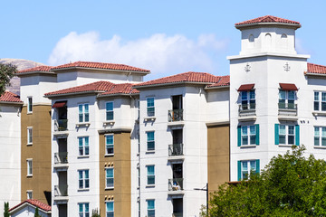 Exterior view of multifamily residential building; San Jose, South San Francisco bay area, California