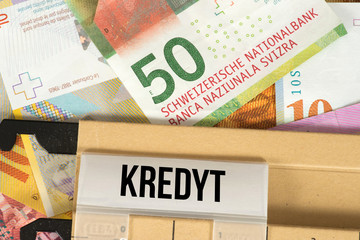 Banknoten Schweizer Franken und polnisches Wort für Kredit