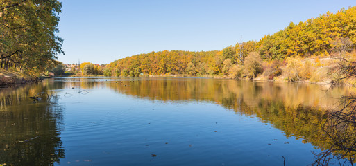 Panorama, view of a beautiful lake with ducks, autumn park and blue sky