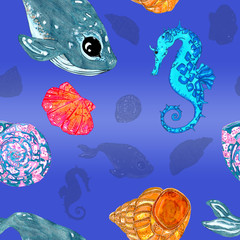 Seamless pattern in a marine style. Whales, seals, shells. Marine illustration in cartoon style for children’s, clothes, print, textiles, cards.