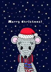 merry christmas 2020 card with cute mouse in christmas hat and knitted scarf on dark blue background