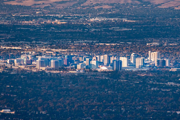 Aerial view of the buildings in downtown San Jose at sunset; Silicon Valley, California