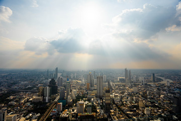Bangkok, Thailand - September 27 2019: Panoramic view of the Bangkok city Located at the top of King Power Mahanakhon Building, Mahanakhon skywalk, observation deck 314 meters the peak glass tray.