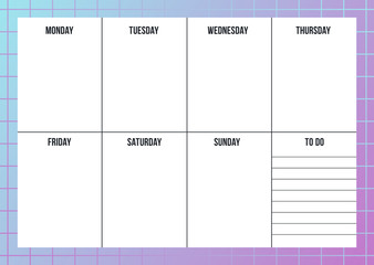 Abstract weekly planning template with check and place for date and notes. Blank planner with notes on neon gradient background. Gradient organizer design. Checklist A4 template. Vector illustration