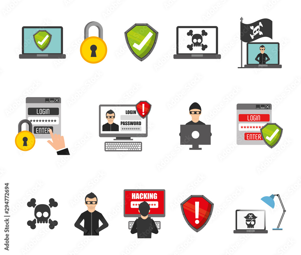 Poster security system icon set vector design