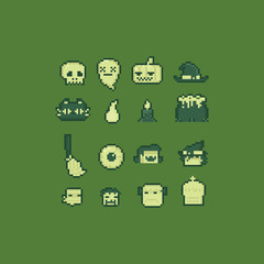 Pixel art 8bit halloween element set.