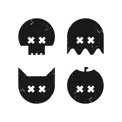 Halloween graphic black and white set. Textured icons of skull, ghost, cat and pumpkin. - 294775247