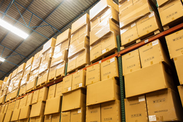 The warehouse. Rows of shelves with boxes
