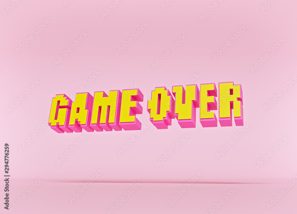 Poster game over pixel art text isolated on pastel pink background. 3d rendering