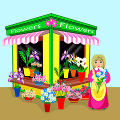 Flat drawing of a kiosk with flowers. Small business. Window with flowers. Flower seller.. Vector
