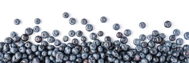 Fresh blueberries on white table. Top view. Panoramic banner