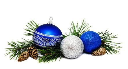 Christmas decoration blue and silver balls with fir cones and fir tree branches isolated