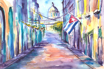 Obraz namalowany farbami akwarelowymi przedstawiający ulicę w Hawanie na Kubie - obrazy, fototapety, plakaty