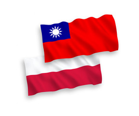 National vector fabric wave flags of Taiwan and Poland isolated on white background. 1 to 2 proportion.