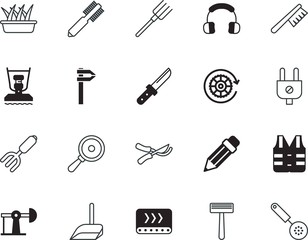 equipment vector icon set such as: razor, group, fetlock, action, trimmer, house, education, pruning, fry, life, green, toilet, soil, natural, packaging, scissors, image, shaver, broomstick, flower
