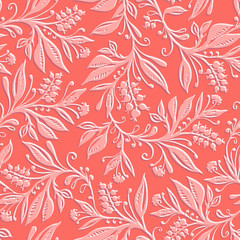 Fototapeta na wymiar Floral seamless pattern with leaves and berries. Hand drawn and digitized. Background for title, image for blog, decoration. Design for wallpapers, textiles, fabrics.