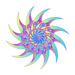 curved blades mandala rotating symbol violet yellow blue on white