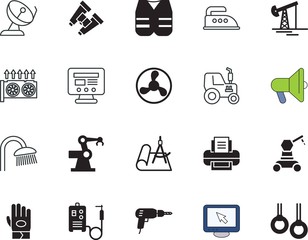 equipment vector icon set such as: gym, hygienic, toilet, binoculars, shape, blueprint, crossfit, shout, navigation, engineer, linear, agronomy, bath, pumpjack, rinse, gardening, weld, sound