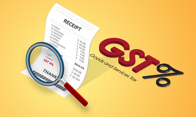 GST goods services tax concept. Isometric style GST word and receipt paper with magnifying glass. 