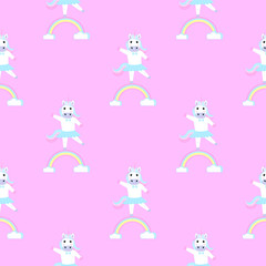 Unicorn ballerina in a wreath and a skirt. Seamless pattern for the decoration of the nursery for a girl or boy, for the design of kids clothing, things