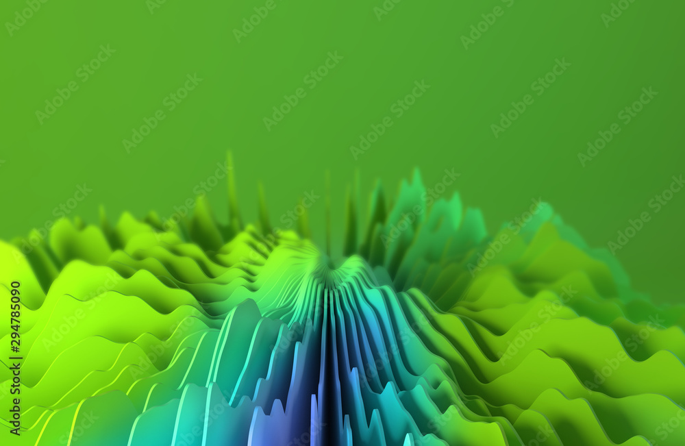 Poster abstract chaotic circular waves. green and blue. 3d rendering.