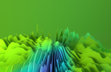 Abstract chaotic circular waves. Green and blue. 3D rendering.