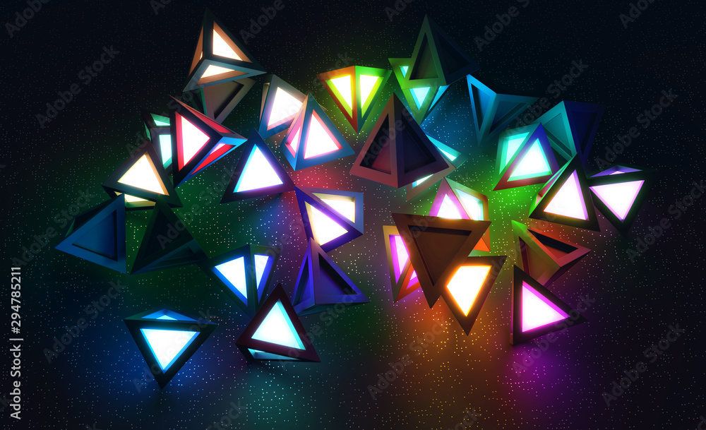 Aufkleber randomly spaced tetrahedrons emitting colored light. 3d render / rendering