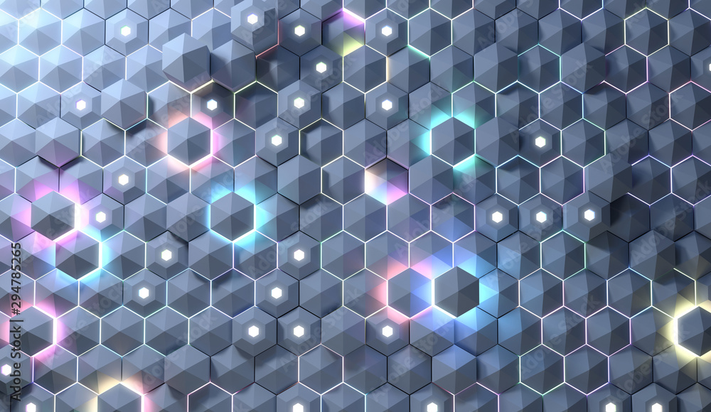 Poster Abstract background of futuristic surface with light emitting hexagons. 3D render / rendering